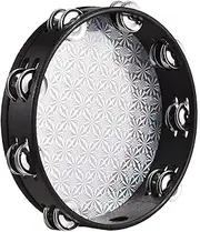 8-Inch Wooden Radiant Tambourine Handbell Hand Drum with Row Jingles Reflective Drum Head Musical Percussion Instrument Black 8-inch
