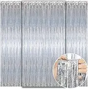 3 Pcs Foil Fringe Curtains Silver, 3.2ft x 6.6ft Metallic Tinsel Foil Fringe Curtain for Graduate Party Halloween Decoration Wedding Girl Princess Birthday Valentine's Day Christmas