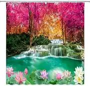 jingjiji Forest Waterfall Shower Curtain Autumn Dreamy Wonderland Green Lake Red Woods Lotus Pond Romance Natural Scenery Bathroom Decor Curtains Polyester Fabric with Hook 70 x 70 Inch