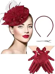 [Geyoga] 50s Fascinator Hat for Women Pillbox Veil Hat Cocktail Tea Party Hat Lace Glove