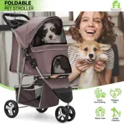 Brown Foldable Dog Stroller Pet Carrier Cart w/Adjustable Canopy+Storage Basket
