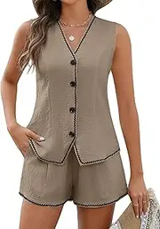 BMJL Womens Linen Two Piece Sets Summer Vacation Outfits Button Down Resort Wear 2025 Shorts Matching Sets