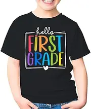 [SDVN] Hello First Grade 1st Grade Back to School Student Unisex Kids Shirt Gift Boy Girl Youth T-Shirt (Black;L)