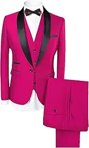 [Generic] Mens Shawl Lapel 3-Piece Suit One Button Tuxedo Set Slim Fit Dinner Jacket Vest Pants for Wedding