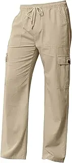 [Generic] Mens Relaxed Fit Fall Cotton Casual Pants Loose Retro Casual Multi Pocket Elastic Belt Drawstring Overalls Memory