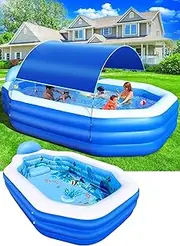LanPool Inflatable Pool with Canopy,2025 Large Inflatable Swimming Pool for Kids,Adult, Blowup Pool with Seats,Backrest.Durable Thickened 125"x75"x25"Inflatable Family Pool for Backyard,Outdoor-Blue