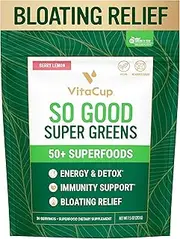 VitaCup So Good Super Greens Powder w/ 50+ Premium Superfoods, Boost Energy, Detox, Immunity, Metabolism, w/ Probiotics, Prebiotics, Fiber, Antioxidants, Adaptogens, Spirulina, Berry Lemon,30 Servings
