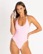 [Topanga] Topanga Women's Savannah One Piece Bathing Suit in Pink Gingham Size 14 14 Pink Gingham