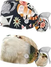 [YTYVAGT] 2-Pc,Nurse Scrub Caps,Scrub Hats with Buttons and Cotton Sweatband,Flower Mother's Day Cat Dog Mouse