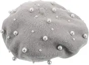 [FRCOLOR] Pearl Wool Beret Hat for Women Retro Vintage Warm Cozy Fashion Accessory Elegant Design for Daily Life Travel Shopping Light Grey