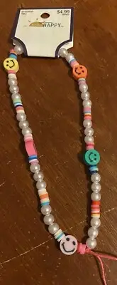 Plastic Pearl & Clay Bead Lanyard Smiley Face On Pink Cord