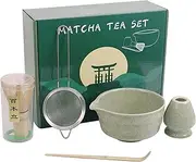 5PCS Match Whisk Set, Matcha Bowl with Spout, Matcha Whisk and Holder, Bamboo Matcha Scoop and Stainless Sifter, Perfect Matcha Kit for Matcha Tea Ceremony, Classic Green