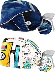 [YTYVAGT] 2-Pc,Nurse Scrub Caps,Scrub Hats with Buttons and Cotton Sweatband,Watercolor Whale Hand Drawn Blue