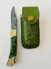The Rambler Damascus Folding Knife – Lockback, Multicolor Wood Handle + Leather