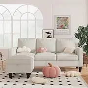 Sectional Sofa Couches for Living Room - Beige 3 Seat L Shaped Couch with Storage Ottoman, Modern Linen Convertible Sectionals Sofas with Reversible Chaise for Apartment, Office, Small Space