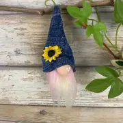 Vintage Spoon Gnome Ornament Denim Sunflower Pastel Faux Fur Handmade