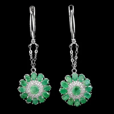 Natural Emerald and Zircon Earrings 925 Sterling Silver Drop Earring For wife