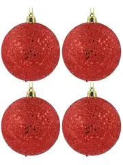 Red Metallic Sequins & Glitter Coated Christmas Bauble Decorations - 4 x 80mm