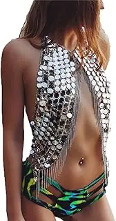 [PURFUN] Super Sparkly Large Sequins Crop Top with Tassels, Women Sexy See-Through Halter Camis Shirt Rave Bikini Top Cover Up