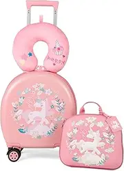 [Baby Joy] 4 Pieces Kids Luggage Set, Kids Rolling Suitcase Set w/14” Carry-on Hardside Spinner Toddler Luggage, 10” Backpack, Neck Pillow, Luggage Tag, Kids Travel Luggage for Boy Girl (Unicorn)