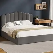 Oikiture King Size Bed Frame with Velvet Bed Headboard and Solid Plywood Slats Gas Lift Bed Matress Platform Grey