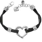 Brighton Heritage Silver Tone Sculptured Heart Black Leather Corded Bracelet New