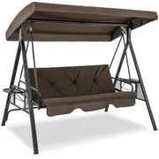 Costway 3-seat Porch Swing Outdoor Hanging Swing w/Cup Holder & Padded Cushion Balcony Backyard Brown