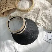 [TOMYEUS] Sun Hats Ladies Summer Sun Hat Handmade Pure Natural Raffia Sun Hat Outdoor UV Protection Straw Hat Beach Cap (Color : Black)
