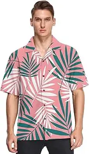 [GuoChe] Hawaiian Men's Short Sleeve Button Up Shirt Palm Tropical Leaves Pink Casual Camisa de Vestir para Hombre