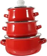 Mikinona 3Pcs Enamel Cooking Pot Set with Double Handles Flat Bottom Design for Soup Instant Noodles Stews Kitchen Stock Pots Red