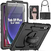 SEYMAC Samsung Galaxy Tab S9 Plus Case 12.4 Inch 2023 (SM-X810/X816B/X818U), Shockproof Case with Screen Protector, 360° Rotating Stand and Hand Strap, Shoulder Strap, Pen Holder, Black