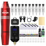 Tattoo Gun Kit Complete for Beginners Red Pen Machine with Power Supply Needles