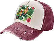 [YANYU] Tropical Flower Leaf Parrot Print Fashion Washed Distressed Baseball Cap Vintage Adjustable Hat with Classic Brim, Dark Red, One Size