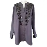 Nic + Zoe Cotton Blend Button Front Tunic Top Sequin Embellishments Plus Size 2X