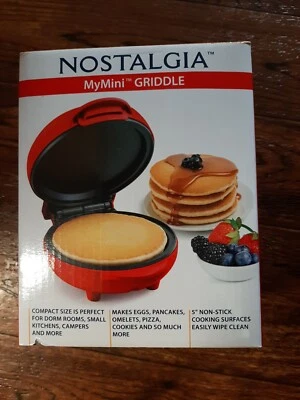 Nostalgia My Mini Griddle 5” Nonstick Cooking Surface Wipes Clean Compact Red