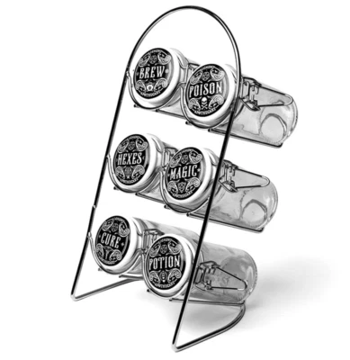 Alchemy Gothic 6 Glass Spice Herbs Jars Rack Witch Potions Hexes Brew Magic JAR1