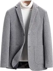[Gsywaipei] Men's Wool Blend Blazer Coat Notch Lapel 2 Button Suit Woolen Jacket Classic Fit Casual Business Suits Coats, Light Grey, X-Large