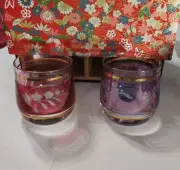 CZECH CRYSTAL Etched Cordials in Blue/ Purple & Red Shoot glasses Whiskey Bar