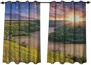 Anshesix Nature Outdoor Curtains for Patio Sheer Rising Sun Over Calm Riverbed with Lush Trees and Meadows Shrubs Hillside Cloudy Sky W63 x L72(160cm x 183cm)