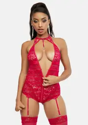 Berry Kiss Lace Garter Teddy And Stockings Set