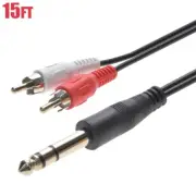 15FT 1/4" 6.35mm Stereo Male to 2-RCA L+R Male Plug Dj Guitar Cable Audio Cord