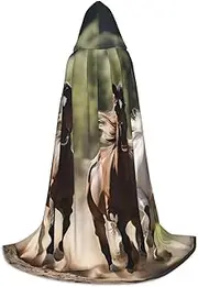SKKNT Three Running Horses Print Halloween Hooded Cloak Full Length Cape With Hood For Men And Women For Carnival