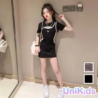 在飛比找momo購物網優惠-【UniKids】中大童裝鏤空短袖洋裝 韓女團潮流風貼身連身