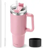 40 oz Tumbler with Handle and Straw, Pink Insulated Travel Mug Iced Coffee Cup, Reusable Stainless Steel Insulated Water Bottle, Keeps Drinks Cold for 34 Hours, Dishwasher Safe, BPA Free