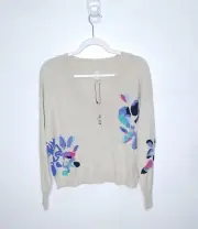 $168 Nic + Zoe Blooming Short V Neck Sweater Beige Pink Floral Plus Size L