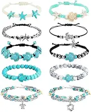 [FASACCO] 10 PCS Turtle Ankle Bracelets for Women Waterproof Handmade Starfish Sea Turtle Bracelet Adjustable Boho Summer Beach Bracelets for Women Teen Girls