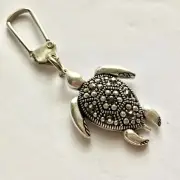 Marcasite Crystal Turtle Keychain Zipper Pull Purse Charm Backpack Silver Plated