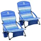 Trapper’s Peak 2 Pack Low Profile Folding Beach Chairs, Cup Holder, Bag, Blue