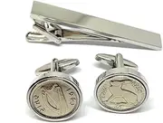 [OCC Old Coin Cufflinks] 1963 59th Birthday Irish Sixpence coin cufflinks - Great gift idea 1963 Irish Harp Tie Clip Set, Small, Silver Plated, Other Clasp Type