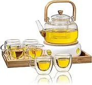 Sliner 9 Pcs Tea Set Glass Teapot, 33.8 oz Clear Glass Tea Kettle with Infuser 6 Pcs Insulated Cups Ceramic Teapot Warmer Wooden Bamboo Serving Tray(Delicate)